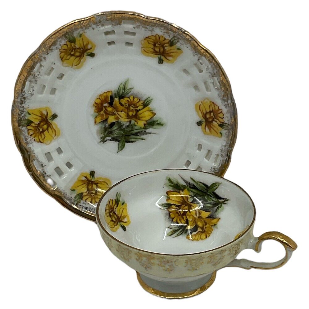 Daffodil Yellow Floral Tea‎ Cup and Saucer Reticulated Petite Trimont Ware Japan